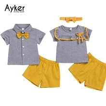 Twins Kids Clothing Sets Two Piece Set Toddler Baby Boys Girls Clothes Summer Fashion Suit Headband Short Sleeve Outfits 2019 baby girls clothing set cartoon rabbit child long sleeve hoodies spring cotton suit toddler summer sets kids outfits clothes