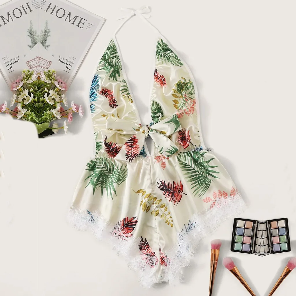 

pijama Women Printing Lace Stain Bow Lingerie Bodysuit Backless Pajamas Silk Jumpsuit adult onesie combinaison pantalon femme