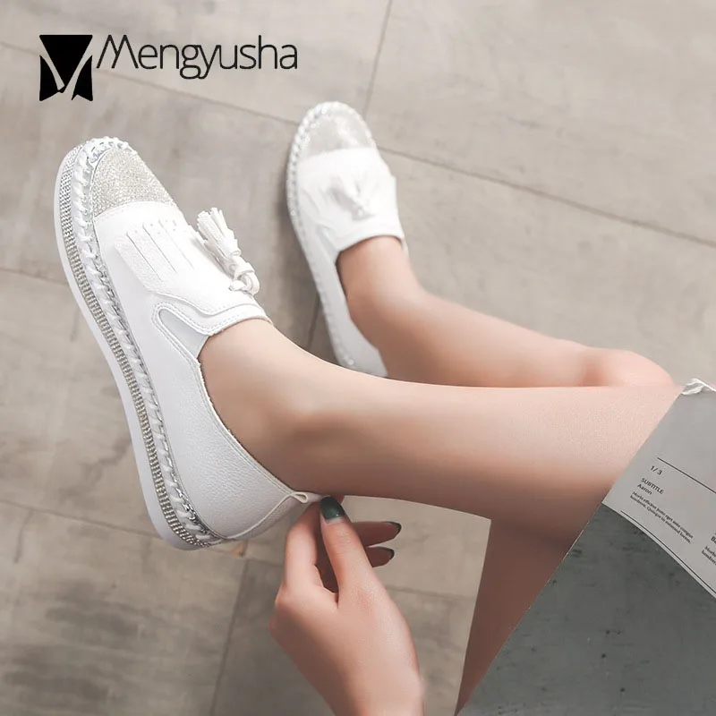 

Women's Bling Bling Crystal Espadrilles Shoes Navy Bottomed Genuine Leather Moccasin Slip On Creepers Ladies White Leather Flats