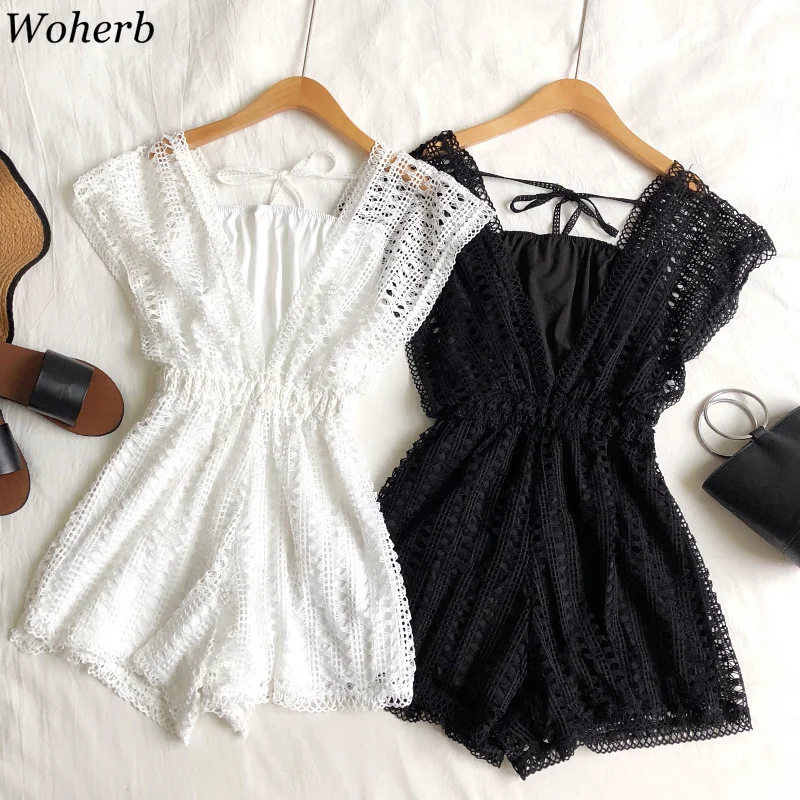 

Woherb Women's Summer Playsuits Hollow Out V-Neck Wide Leg Lace Jumpsuits Elegant High Waist Short Jumpsuit Beach Loose Rompers