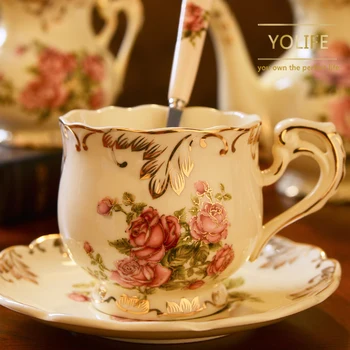 

Yolife Ceramic Coffee Cup and Saucer Handpainted Rose Porcelain Tea Cup Set with Spoon Classic Drinkware Gift