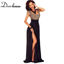 Dear lover Summer Spring 2017 Women Special Occasion Dresses Short Sleeve Gold Lace Slit Long Maxi Evening Party Gown LC60809