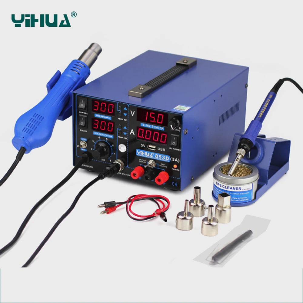 

YIHUA 853D 3A USB Soldering Station Hot Air Gun 3 In 1 SMD DC Power Supply Rework Stations 110V 220V EU US PLUG Solder Station