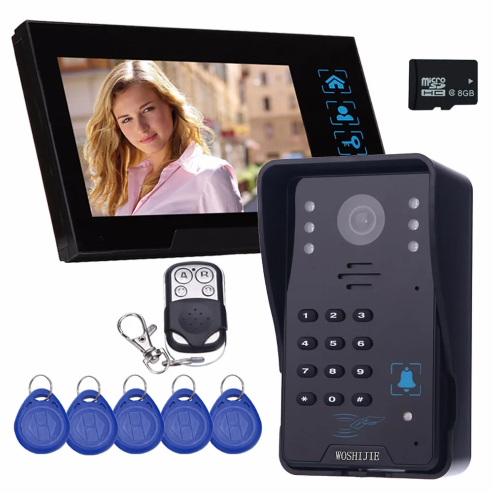 

Woshijie 7" Color Video Door Phone Doorbell Video Intercom Camera Doorbell RFID Access Control System &Video Record F4482A