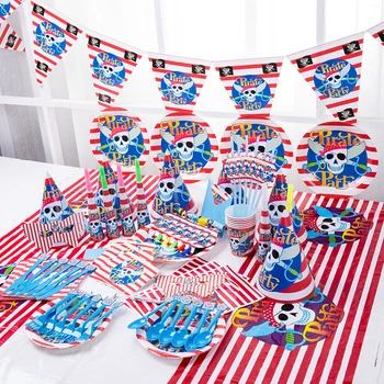 

16Set/ 1Box Cartoon Pirate Disposable Tableware Sets Children's Birthday Party Decorations Straw Cup Hat Tableware Supplies
