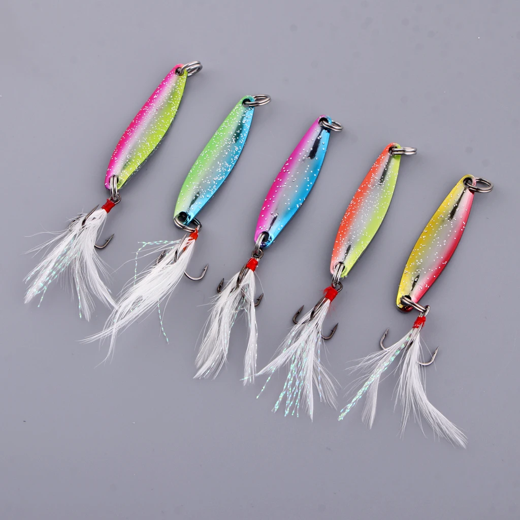 5pcs Spoons Hard Fishing Lures Treble Hook Salmon Bass Metal Fishing Baits Mixed Color 5g/8g/14g/17g