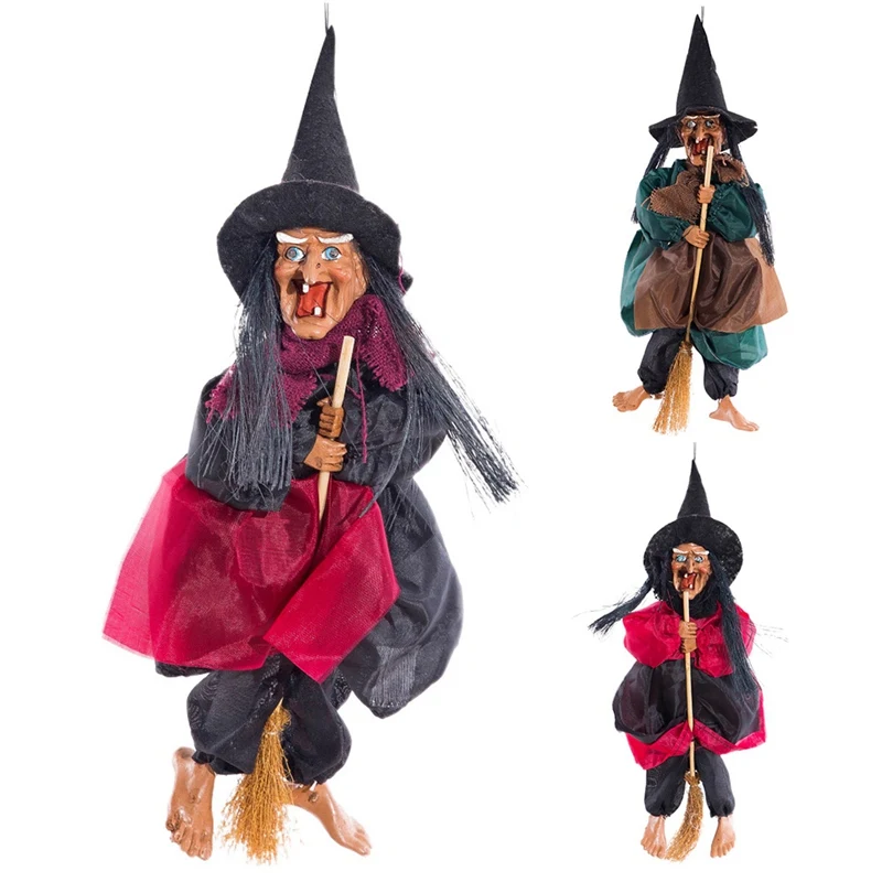 

DIY Witch Hanging Decoration Props Large Voice Control Ride Broom Witch Hanging With Sound Red Light Halloween Decoration