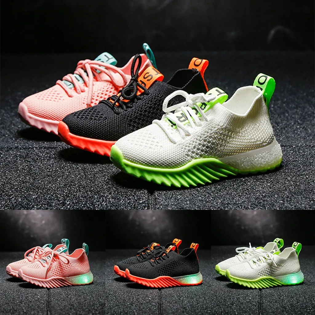 Детские кроссовки для маленьких мальчиков и девочек; Светящиеся спортивные кроссовки с буквенным принтом; Светящиеся кроссовки
