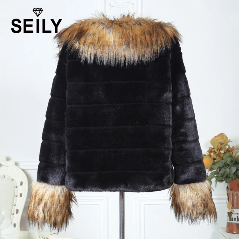 Seily Winter Fake Raccoon Dog Fur Trim Collar Long Hair Sleeve Fluffy Jacket Faux Black Rabbit Fur Furry Coat  Women Cardigan