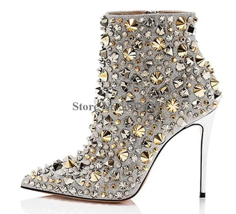 Botines Oro Plata Tacón Remache Fino Alto Sexy Botas Mujeres Punta Las Pico Estilo Con Corto Encantador q6nXw1w4U