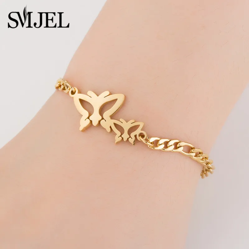 

SMJEL Double Butterfly Bracelet Women New Stainless Steel Link Chain Bracelet Gold Wedding Jewelry Friendship Lover Gifts