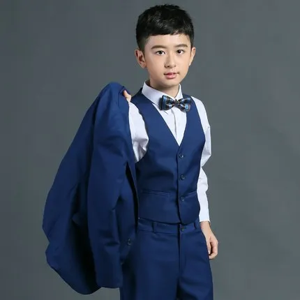 Куртки+ жилет+ брюки+ галстук-бабочка+ рубашка) костюмы для мальчиков приталенный смокинг, фирменный модный костюм на свадьбу свадебный синий Костюмы Блейзер - Цвет: Blue