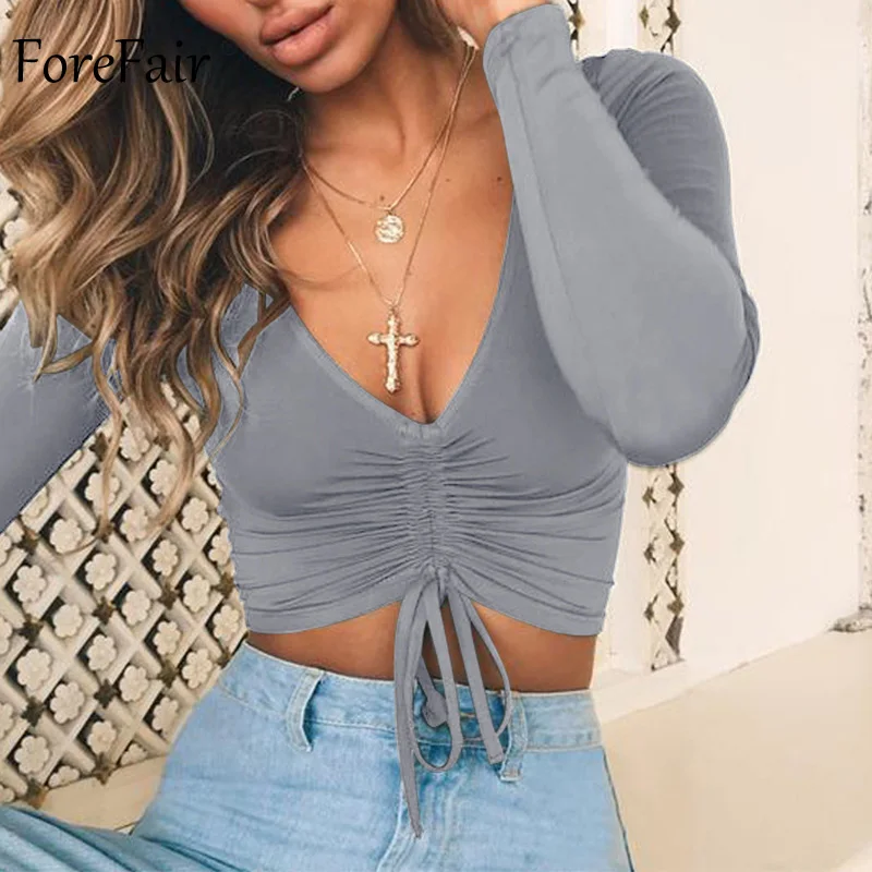 Forefair V Neck Sexy Long Sleeve Crop Tops Women Autumn 2018 Ruched Lace Up Casual Slim Black Winter Shirts Women 2018 Forefair V Neck Sexy Long Sleeve Crop Tops Women Autumn 2018 Ruched Lace Up Casual Slim Black Winter Shirts Women 2018
