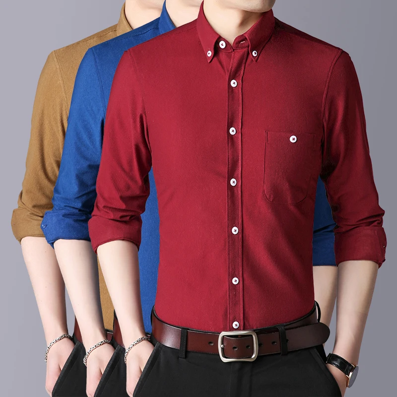 Новая весенняя Осенняя модная мужская рубашка приталенная Мужская рубашка с длинным рукавом Повседневная Вельветовая Мужская рубашка большого размера