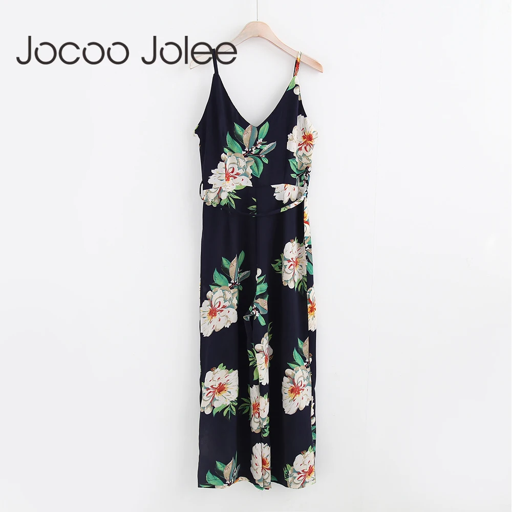 Jocoo Jolee Women V Neck Flower Print Jumpsuits Strap Backless Long Playsuit 2018 Lace up Summer Beach Wide Leg Jumpsuits Jumpsuits and Playsuits