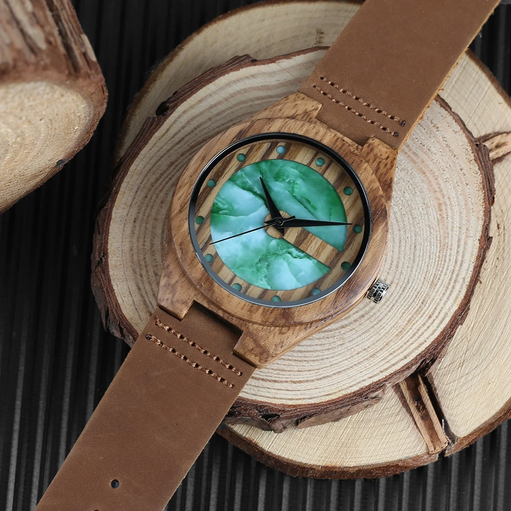 Natural Bamboo Wood Wrist Watch Special Marble Dial Bangle Quartz Watches Genuine Leather Watch Strap Men Women Clock Relogio (11)