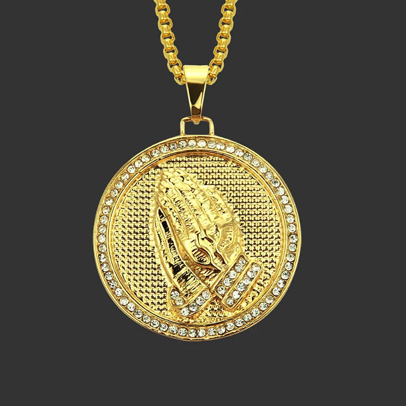 

New 2019 Trendy Round Pendant Prayer Gesture Necklaces Hip Hop Jewelry Women Men Punk Gold Long Chain Rhinestone Necklace Gift