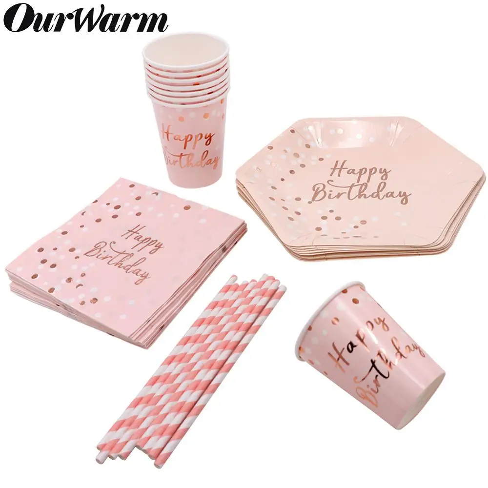 cheap OurWarm Pink Foil Happy Birthday Series Disposable Tableware Gilding Paper Straws Napkin Cup Plate for Birthday Party Supplies