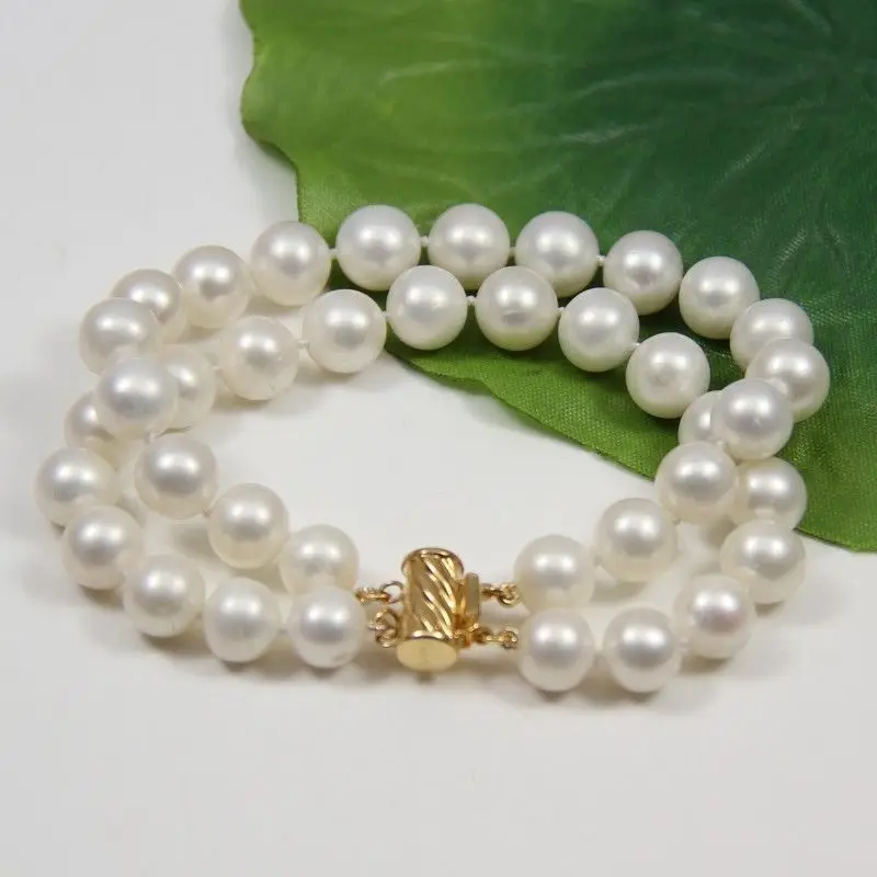 

shippings115 real gift 2 rows AA 9-10mm white pink Natural Fresh water pearl bracelet 5.25