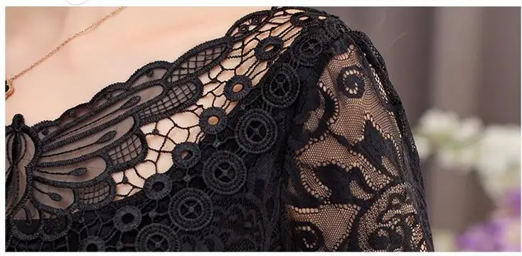 Весна лето модная женская элегантная черная кружевная блузка рубашка с длинным рукавом сексуальные топы женская одежда больших размеров Y147