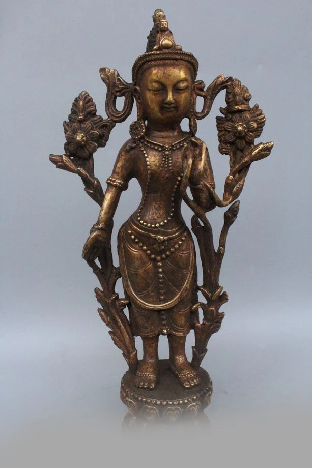 

14"China Tibet Buddhism Bronze Gild lotus flower Hand Kwan-Yin Boddhisattva Stat