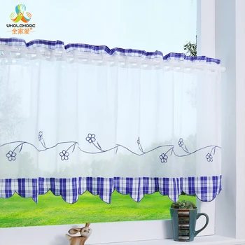 

1pcs Pastoral Plaid Short Kitchen Curtain Floral Embroidery Window Sheers For Living Room Kids Study Room Curtain Decoration