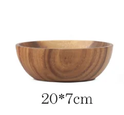 Цельная Деревянная миска из твердой акации, европейская плоская подошва, прочная миска для салата, лапши, супа, приготовления пищи - Цвет: 20x7cm