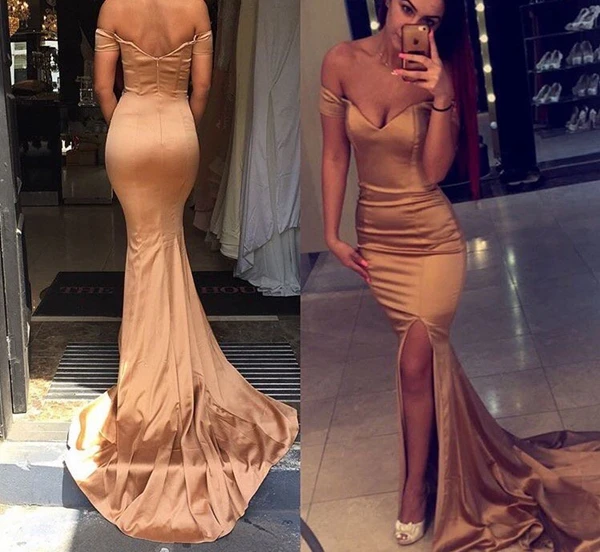 

Simple Gold Evening Dress Elegant Mermaid Tight Evening Gowns Satin Front Slits Long Formal Party Dresses 2019 robe de soiree