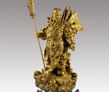 

10''China Bronze Warrior Guangong Hold Sword Guanyu Dragon Flag Statue