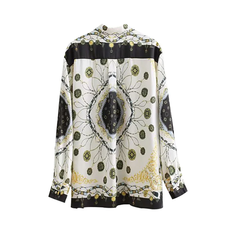  Vintage Stylish Chains Print Loose Tops Women Shirts 2020 Fashion Lapel Collar Long Sleeve Ladies B