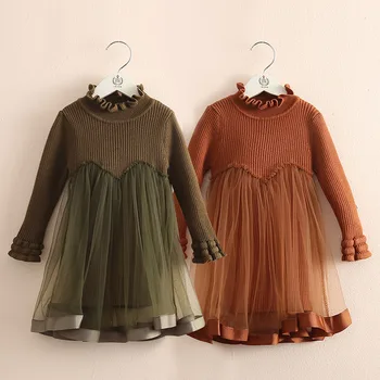 

2019 Spring Autumn 2-6 8 10 Years Crew Neck Long Sleeve Solid Color Kids Baby Girls Mini Above Knee Sweater Lace Patchwork Dress