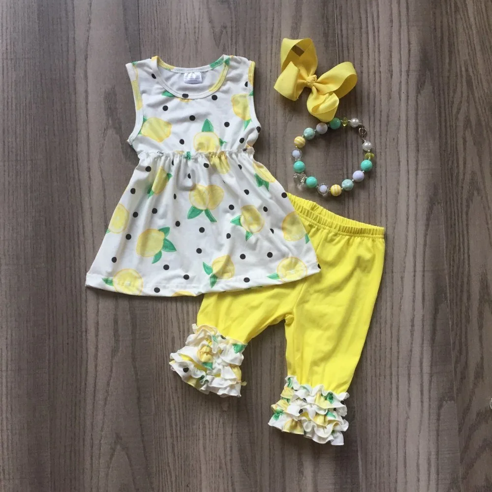 

hot new arrival baby girls outfits summer yellow fruit pear dress girls boutique outfits fresh and cold clothes with accessories
