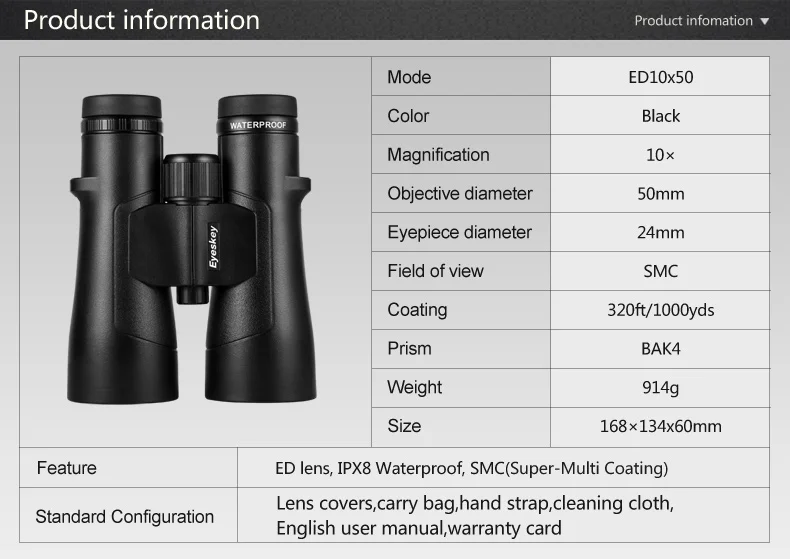 Telescópio de Alta Potência para a Caça Eyeskey Binóculos Visão Noturna Impermeável Super-multi Revestimento Bak4 Prisma Óptica ed 10x50 Lll 4 impermeável super-multi revestimento bak4 prisma óptica telescópio de alta potência para a caça