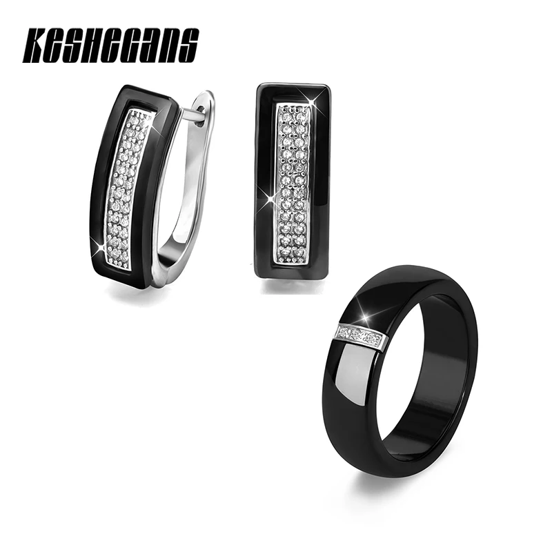 New Fashion Bridal Jewelry Sets Healthy Ceramic Earrings Ring Black White Color Crystal Rhinestone For Women Bijouterie Aretes New Fashion Bridal Jewelry Sets Healthy Ceramic Earrings Ring Black White Color Crystal Rhinestone For Women Bijouterie Aretes