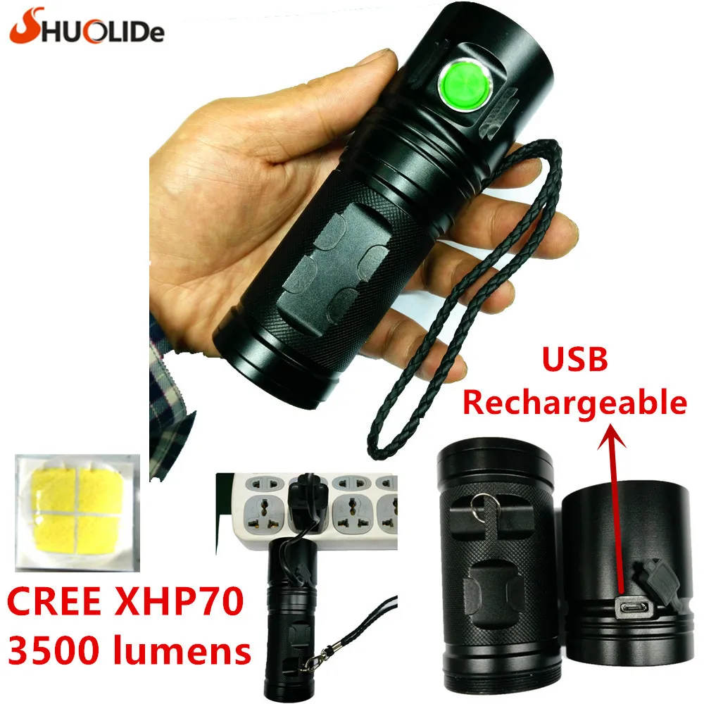 2017 SHUO LI DE New USB Rechargeable 3500 lumens CREE XHP70 LED font b torch b