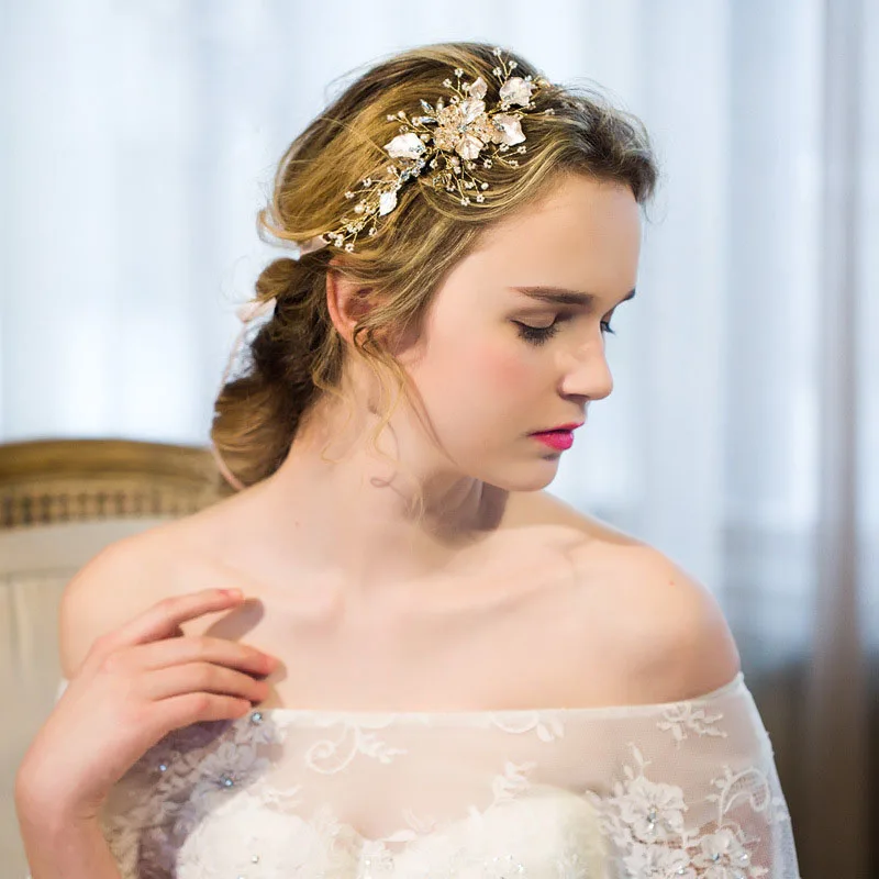 Stunning-Gorgeous-Pearls-Flower-Clear-Rhinestones-Gold-Leaf-Wedding-Hair-Vine-Headband-Bridal-Headpiece-Hair-Accessories