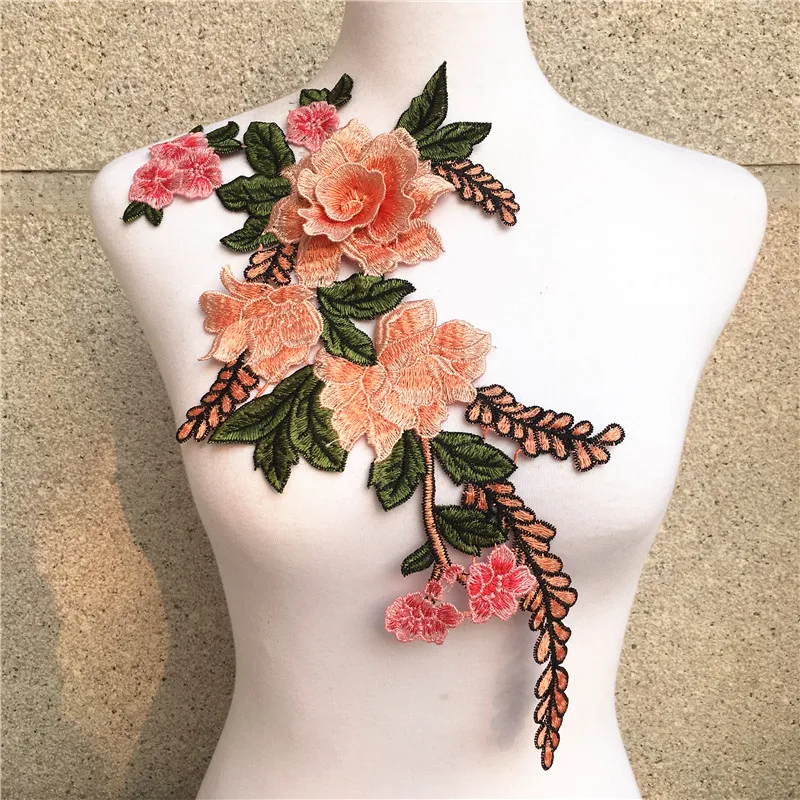 

1pc Orange 3D Embroidery Colorful Flower Collar Lace Polyester Fabric,DIY Handmade Collar Lace Fabrics For Sewing Collar Crafts
