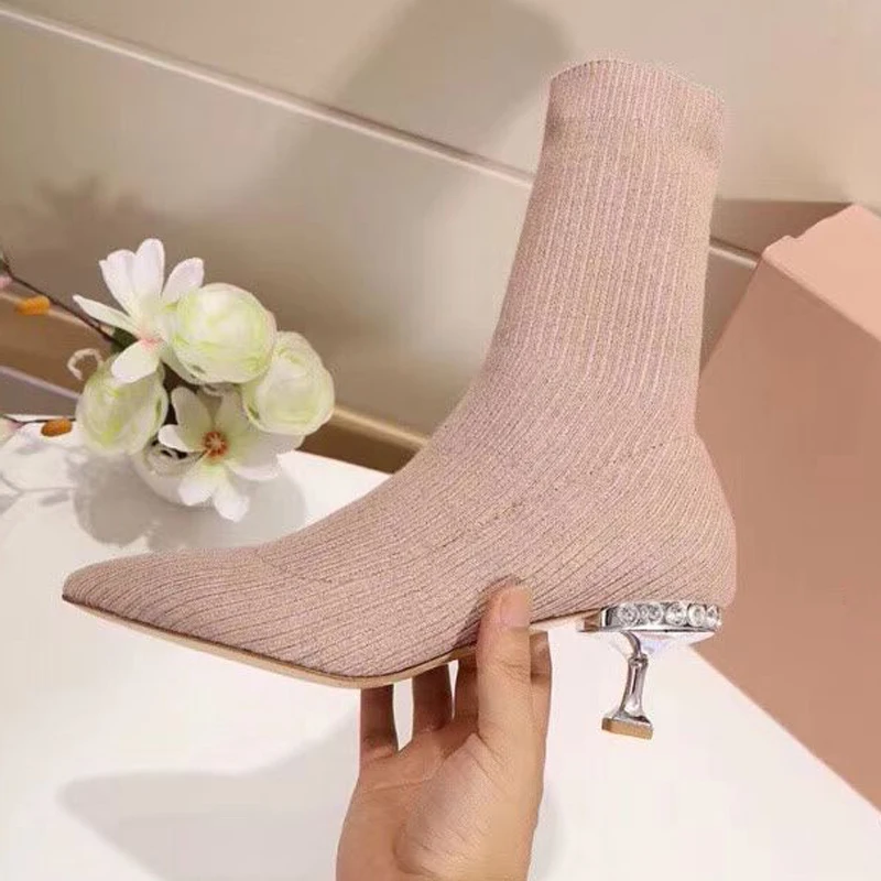 Mode Bout pu Red Bottes Laine Cheville 2018 Chaussette Talon Femme Pointu Étrange black pourpre rosy Beige gris Strass Ciel Cristal cKJl1FT