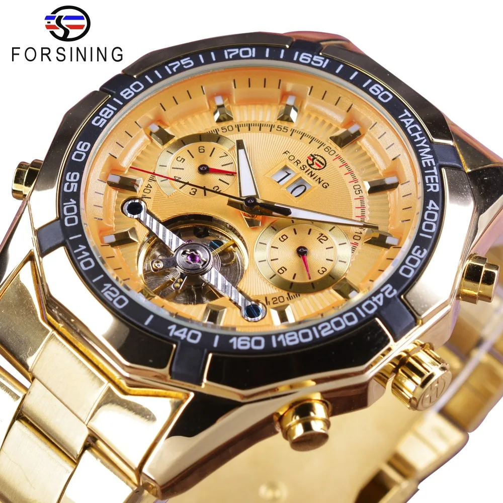 Forsining Golden Stainless Steel Safety Buckle Fashion Tourbillion Calendar Display font b Men s b font
