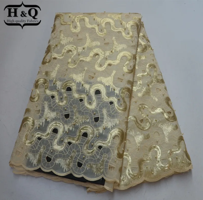

H&Q African voile Lace Fabric 5 Yards/Piece, French tulle Lace Fabric With Embroidered Sequins stones For Wedding,dress,Clothing