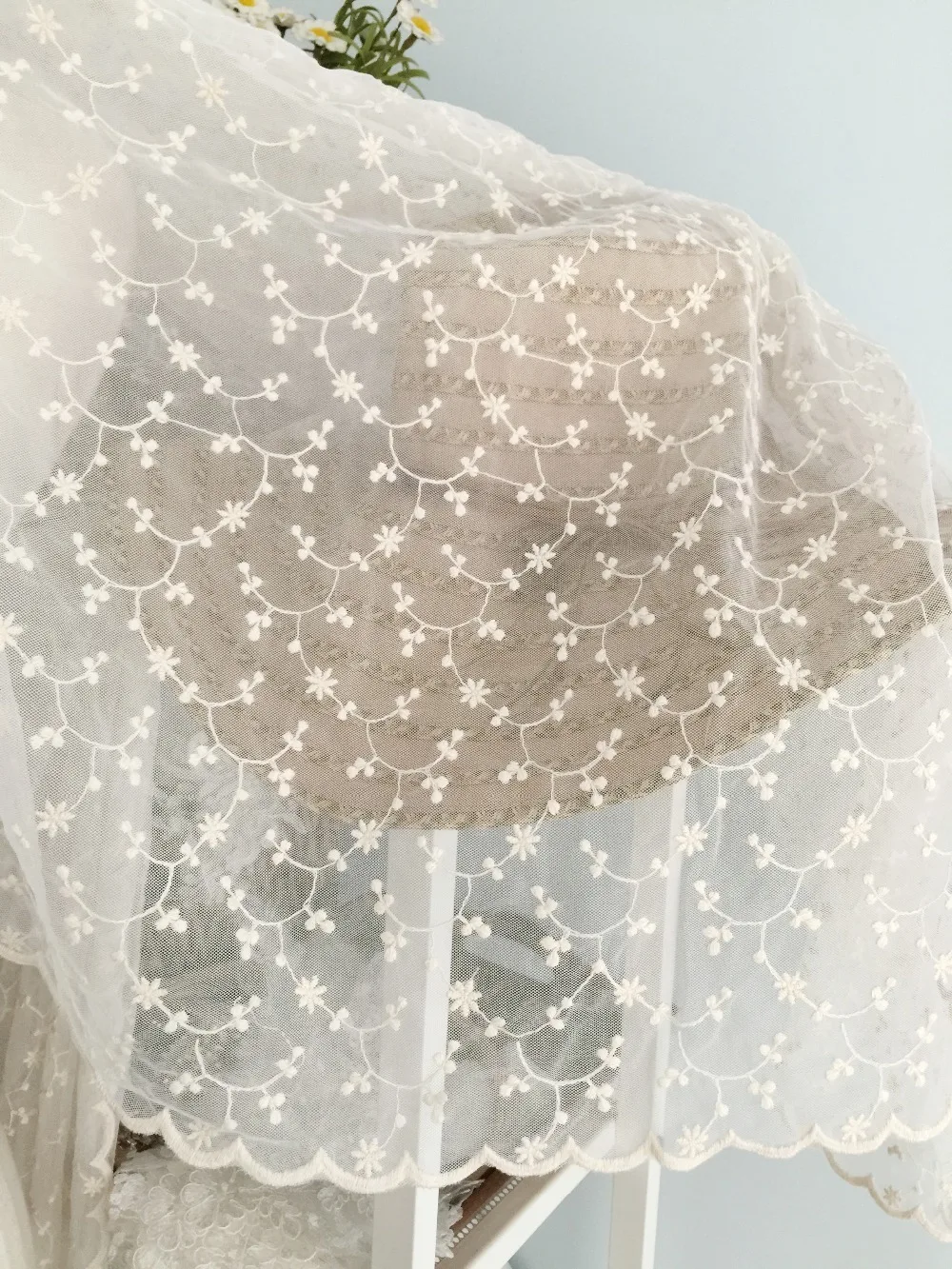 

Vintage Style Beige Cotton Embroidery Lace Fabric , Retro Embroidered Bridal Lace Fabric for wedding gown prom dress fabric