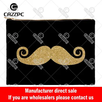 

Vinatge Black Gold Bright Glitter Handlebar Mustache Canvas Pattern Print Cosmetic Bag Makeup Pouch Wristlet Hand Bag