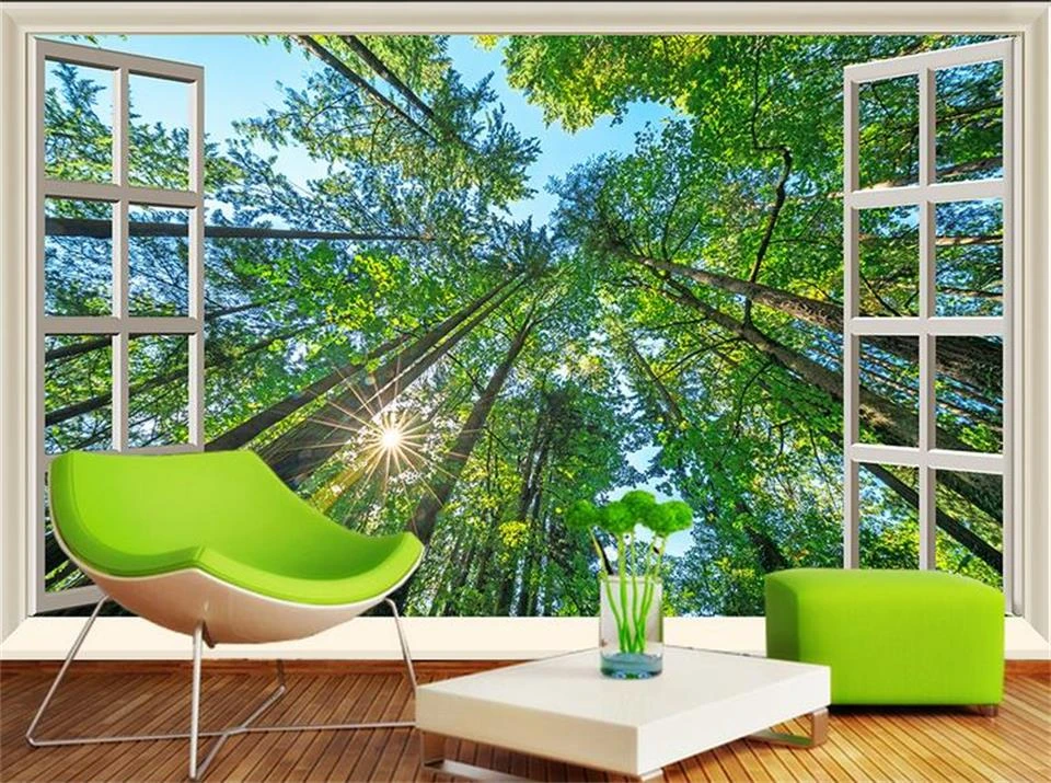 Papier Peint Photo 3d Personnalise Fenetre Soleil Bois Decor Mural Peinture Murale 3d Aliexpress