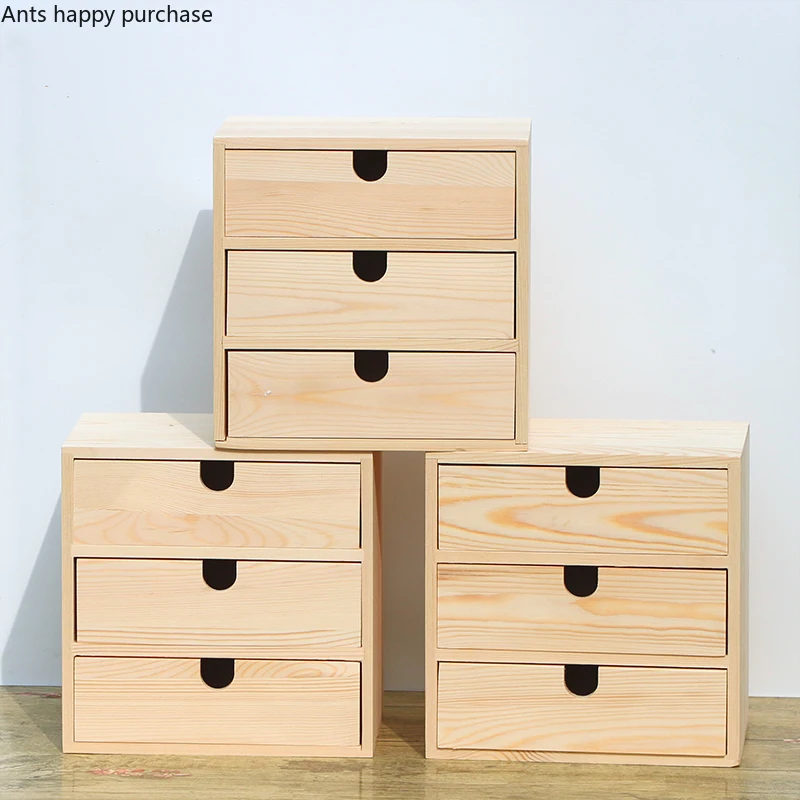 

3-layer Solid Wood Storage Box Desktop Wooden Cosmetic Storage Cabinet Multi-layer Drawer Office Desk Storage Storage Box
