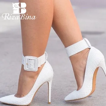 

RizaBina Buckle Women Pumps Sexy Pointed Toe Thin Heel Shoes Ankle Strap High Heels Women Party Wedding Shoes Plus Size 35-47