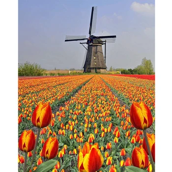 

Full Square Drill 5D DIY Diamond Painting "Tulips and windmill" Embroidery Cross Stitch Mosaic Home Decor Gift Y1092