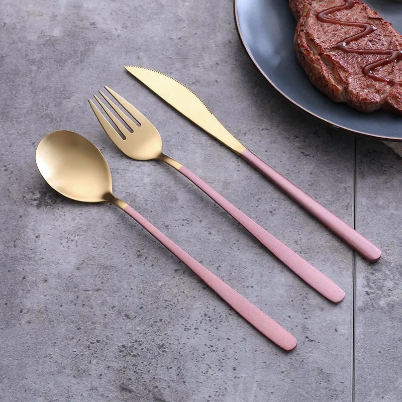 

Pink Gold Tableware Set Spoon Fork Knife Set Studio Photo INS Photography Background Props for Fine Western Food Drop shipping