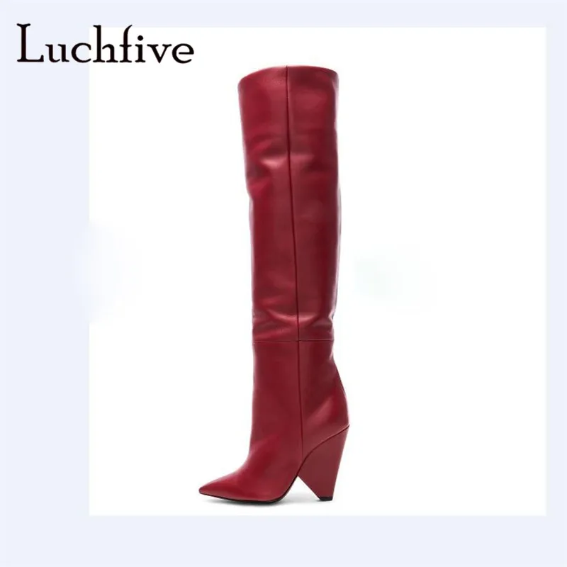 

New spike heels knee high boots women genuine leather sexy pointy toe female shoes black red slip on leisure long boots