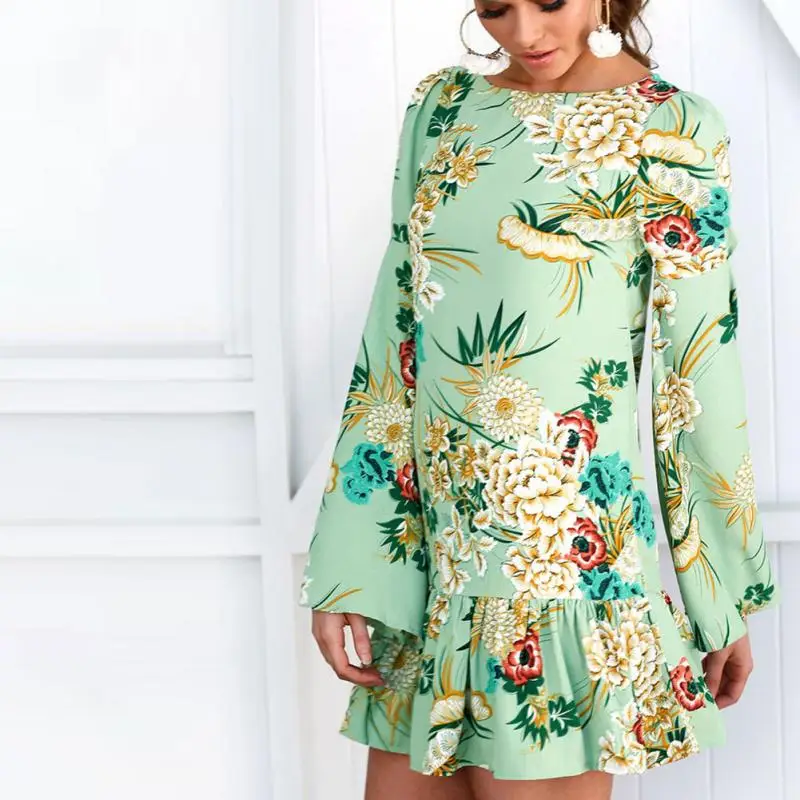 Women Green Flower Print Summer Dress Fashion Long Sleeve Flare Sleeve