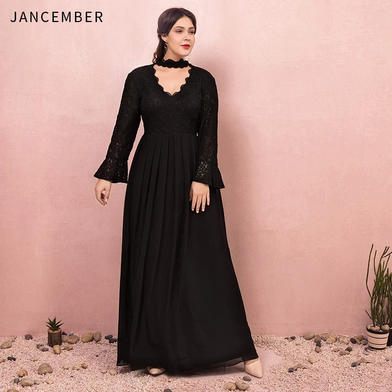 

JANCEMBER Plus Size Evening Dresses Zipper Open Keyhole Back High Neck V Neckline Cut-Out Long Sleeve evening dress 2019 Latest